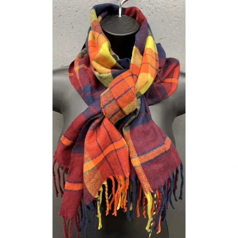Lands End Scarf Wrap Shawl Multicolor Plaid Fringe Soft Preppy Cottage Lagenlook